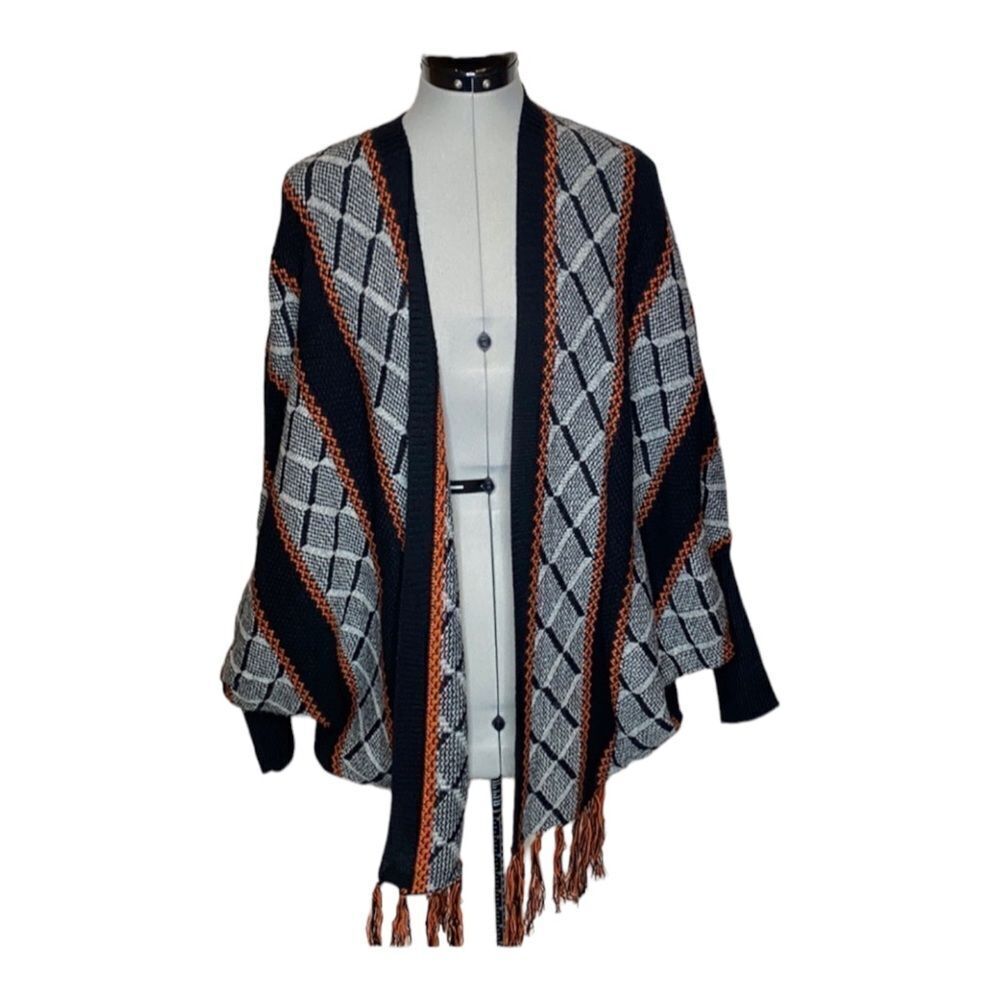 Dainty Hooligan Black Orange White S/M Geometric Fringe Open Cardigan Sweater